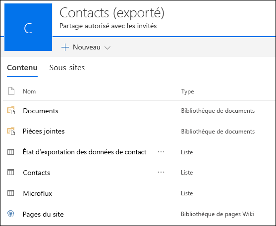 Page de sous-site SharePoint contenant des listes d’Access Web App exporté