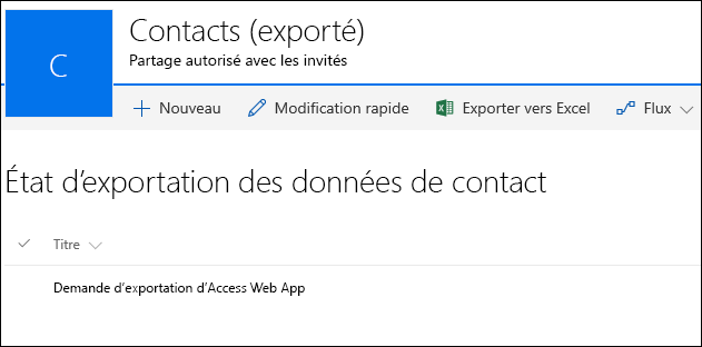 Liste SharePoint avec un enregistrement intitulé Demandé pour exporter Access Web App