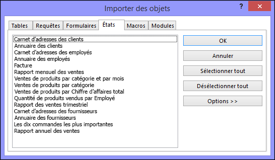 Boîte de dialogue Importer les objets dans une base de données Access