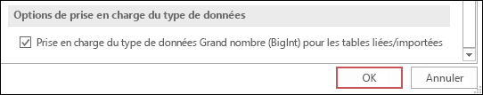 Capture d’écran de l’option Prise en charge du type bigint pour les tables liées/importées sélectionnée dans Options Access.