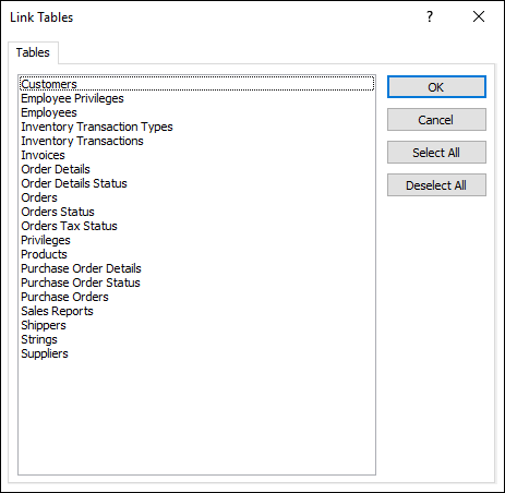 Sélectionner une table à lier dans la boîte de dialogue Attacher les tables