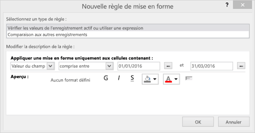 Interface de la nouvelle règle de mise en forme