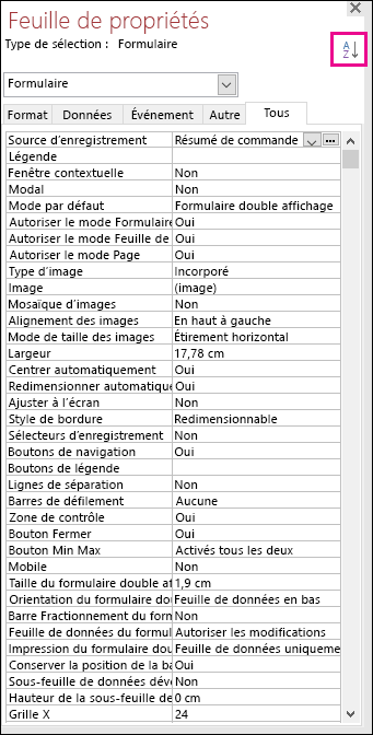 Capture d’écran de la feuille de propriétés Access sans tri des propriétés