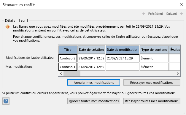 Utilisez les options disponibles dans la boîte de dialogue Résoudre les conflits pour résoudre les conflits de données.