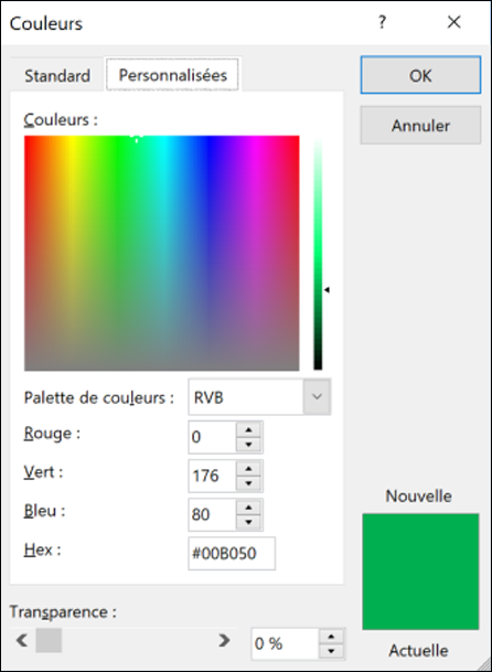 Sélecteur de couleurs dans les applications Office. Sous les champs RVB, il y a un nouveau champ pour entrer la valeur de couleur hexadécimale.