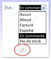 Zone de liste déroulante avec le bouton Modifier les éléments de liste
