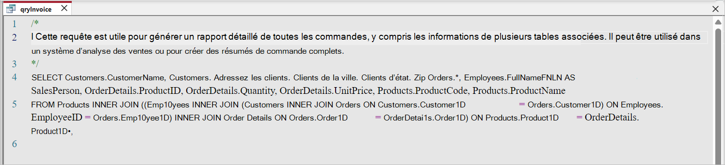 Exemple de commentaires dans l’éditeur sql monaco