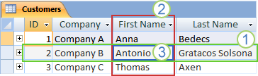 Table Clients dans Access montrant la disposition d’enregistrements et de champs