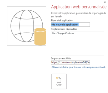 Boîte de dialogue Nouvelle application web personnalisée, montrant le site d’équipe Contoso dans la zone Emplacements disponibles.