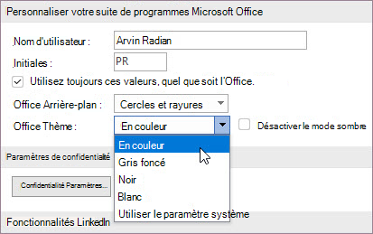Paramètres thème Office thème
