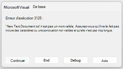 Capture d’écran de l’erreur d’exécution 3125