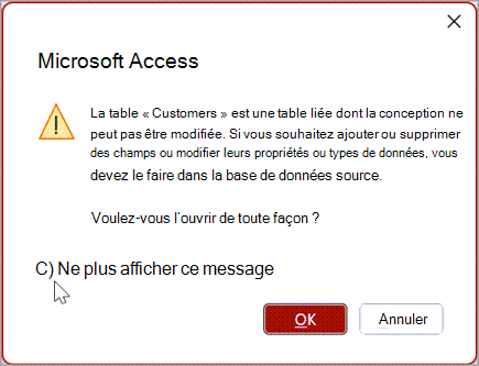 Boîte de dialogue d’avertissement Microsoft Access.