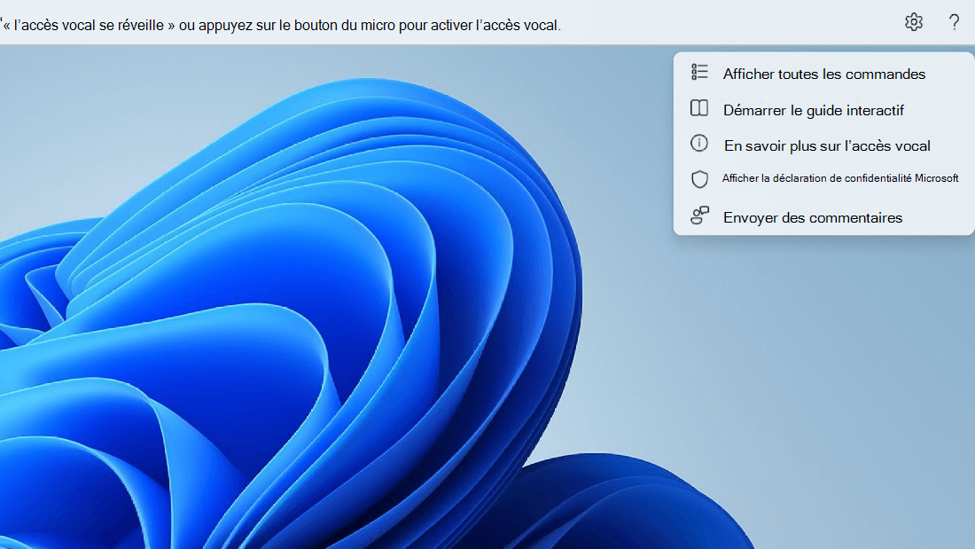 Le bouton d’aide situé tout à droite de l’interface utilisateur d’accès vocal est développé pour afficher les différentes options.