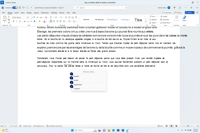 Document word affichant la fenêtre corrections avec des candidats pour les céréales de texte.