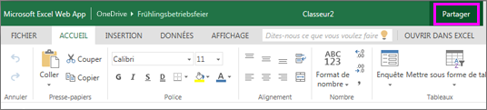 Capture d’écran montrant le bouton Partager dans le ruban Excel.