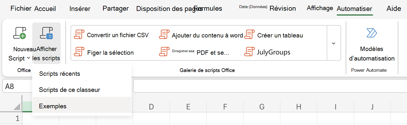 Sélectionnez Automatiser pour afficher les options de scripts Office.