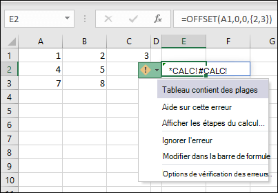 #CALC ! erreur - Le tableau contient des plages