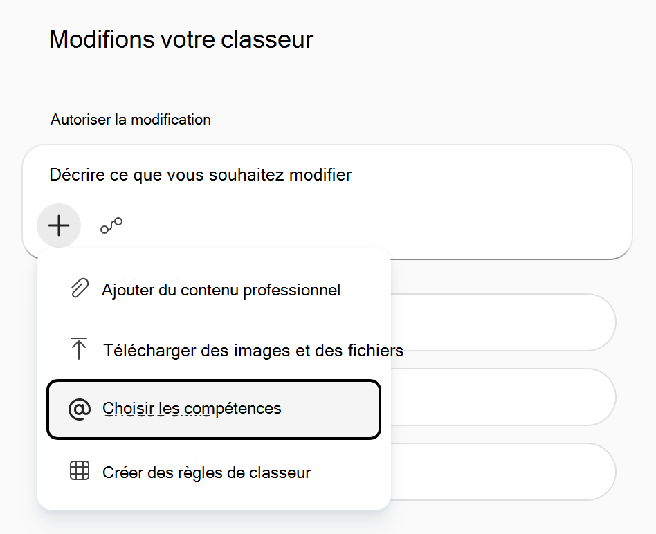 Capture d’écran du menu Copilot dans Excel « Ajouter du contenu de travail », avec « Choisir des compétences » mise en surbrillance.