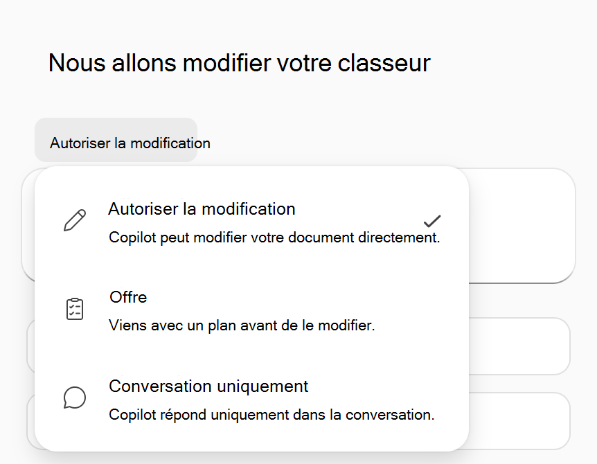 Capture d’écran du menu d’options Copilot en mode Excel.