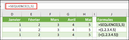Créer une constante de tableau horizontale avec =SEQUENCE(1,5) ou ={1,2,3,4,5}