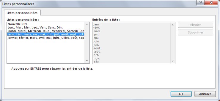 Boîte de dialogue Listes personnalisées