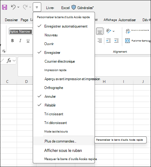 Capture d’écran montrant la personnalisation de la barre d’outils Accès rapide en sélectionnant Autres commandes.