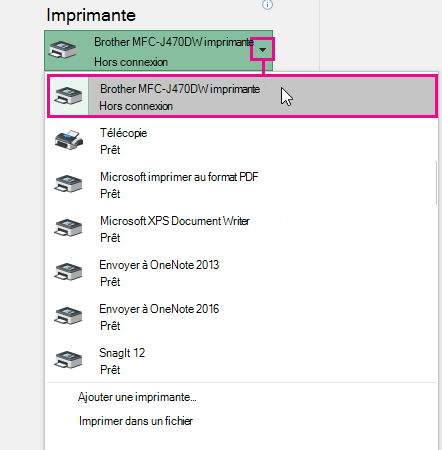 La liste déroulante affiche toutes les imprimantes disponibles à laquelle votre ordinateur peut se connecter. Cliquez sur celui de votre choix.