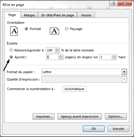 Définissez l’option Ajuster à dans la boîte de dialogue Mise en page.