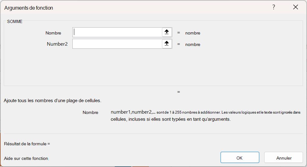 Boîte de dialogue Arguments de fonction Excel