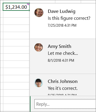 Cellule avec 1 234,00 $, et un commentaire fileté joint : Dave Ludwig : Ce chiffre est-il exact ? Amy Smith : Laissez-moi case activée... et ainsi de suite