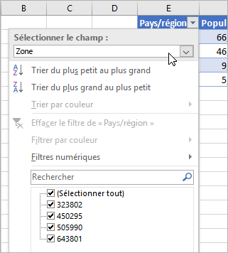 Menu Filtrer, menu Valeur d’affichage, champs des types de données liés répertoriés