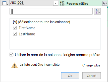 Cliquer sur Développer pour une colonne d’enregistrement structurée
