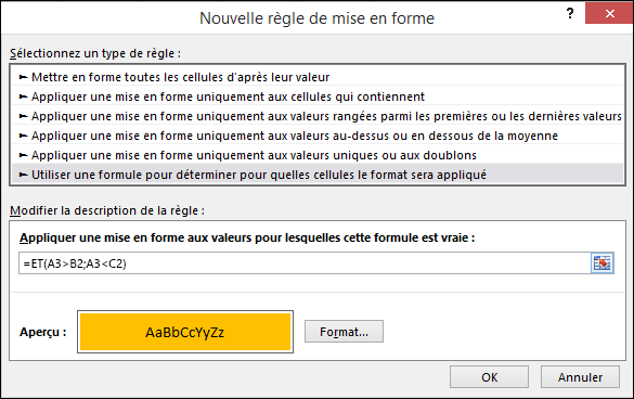 Mise en forme > conditionnelle Boîte de dialogue Modifier la règle montrant la méthode Formula