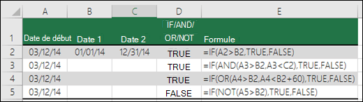 Exemples d’utilisation de SI avec AND, OR et NOT pour évaluer des dates