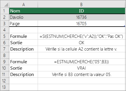 Exemples IF, ISNUMBER et SEARCH