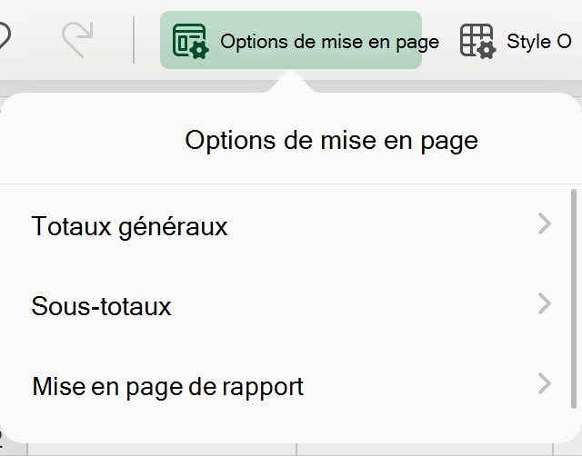 Liste déroulante de disposition de tableau croisé dynamique sur iPad.
