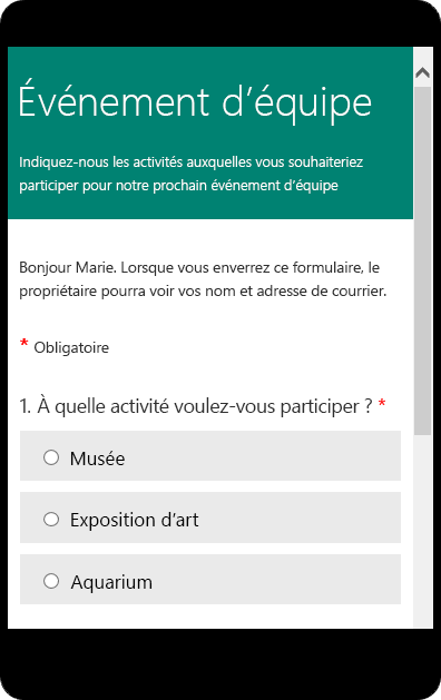 Mode Aperçu sur un appareil mobile d’un formulaire d’enquête en classe