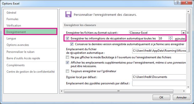 Option Enregistrement dans les options Excel