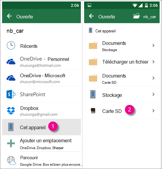 Office pour Android carte SD