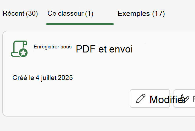 La liste Ce classeur dans le volet Office Scripts.