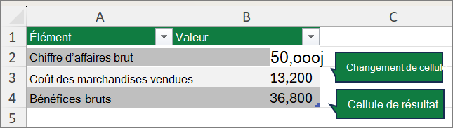 Capture d’écran montrant le scénario : Configuration d’un scénario avec modification de cellules et de cellules de résultat.