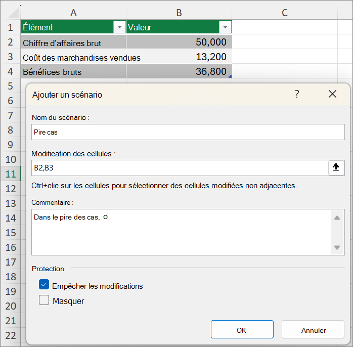 Capture d’écran montrant la configuration d’un scénario défavorable.