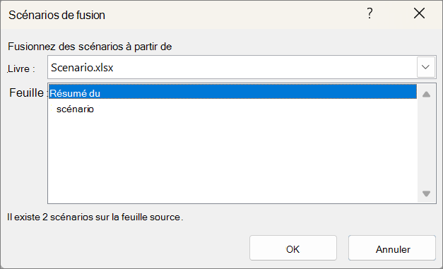 Capture dʼécran montrant la boîte de dialogue Fusionner les scénarios.
