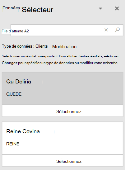 Capture d'écran du panneau de sélection des données.