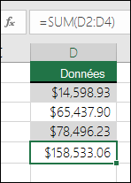 Utilisez la fonction SOMME au lieu de coder des valeurs en dur dans les formules. La formule dans la cellule D5 est =SUM(D2 :D4)