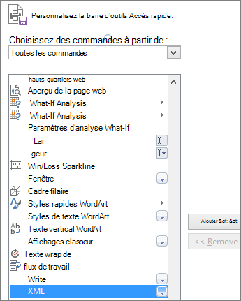 Choisissez XML dans la liste des commandes, puis cliquez sur Ajouter.