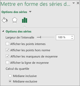 Format Data Series task pane showing Box and Whisker chart options in Office 2016 for Windows