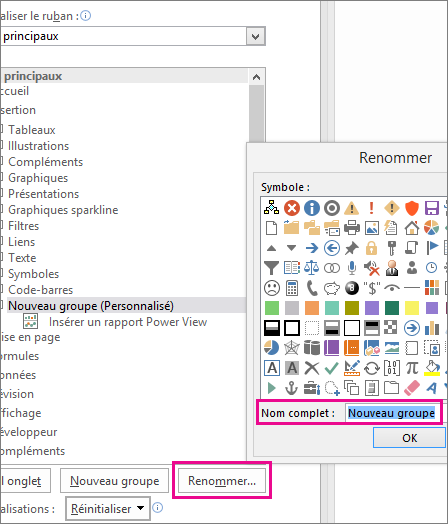 Bouton Renommer dans la boîte de dialogue Personnaliser le ruban
