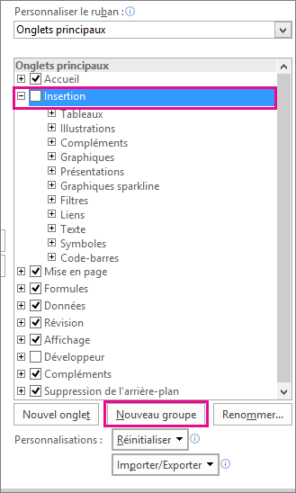 Bouton Nouveau groupe dans les options de personnalisation du ruban dans Excel