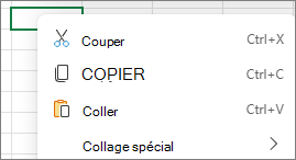 Capture d’écran affichant un clic droit pour afficher les commandes Couper, Copier, Coller et Coller spécial.